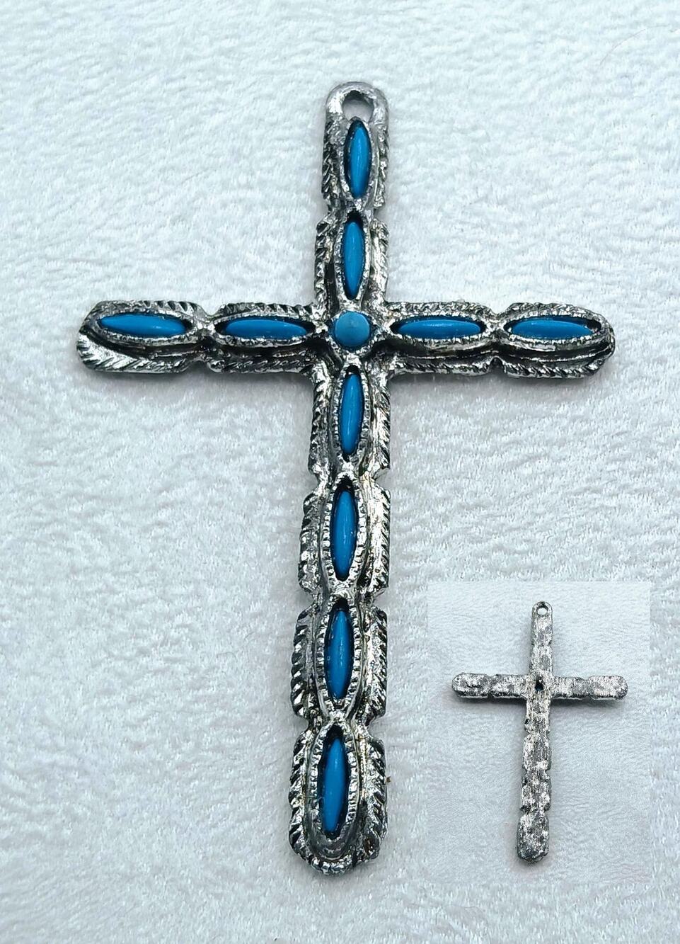 Vintage Silver Tone Faux Turquoise Inlay Cross Pendant